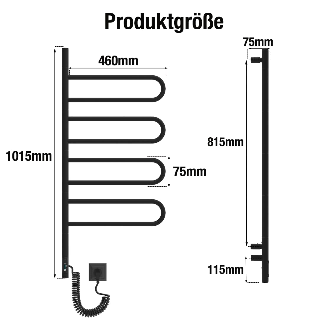 Elna® Handtuchheizkörper Elektrisch Schwarz Matt 102x46 cm, 125W - Badheizkörper Elektrisch Handtuchwärmer Edelstahl 304 mit Timer & Thermostat, IP44-4 Schwenkarme - Handtuchtrockner zur Wandmontage