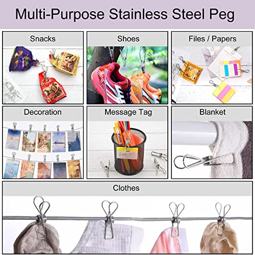 Clothespins Laundry Chip Clips - 50 Pack Bulk Durable Stainless Steel Clothes Pins,Heavy Duty Clamp Metal Wire Clothes Pegs With One Storage Bag & 2 Hooks,For Outdoor Clothesline Home Kitchen Office #TOP3