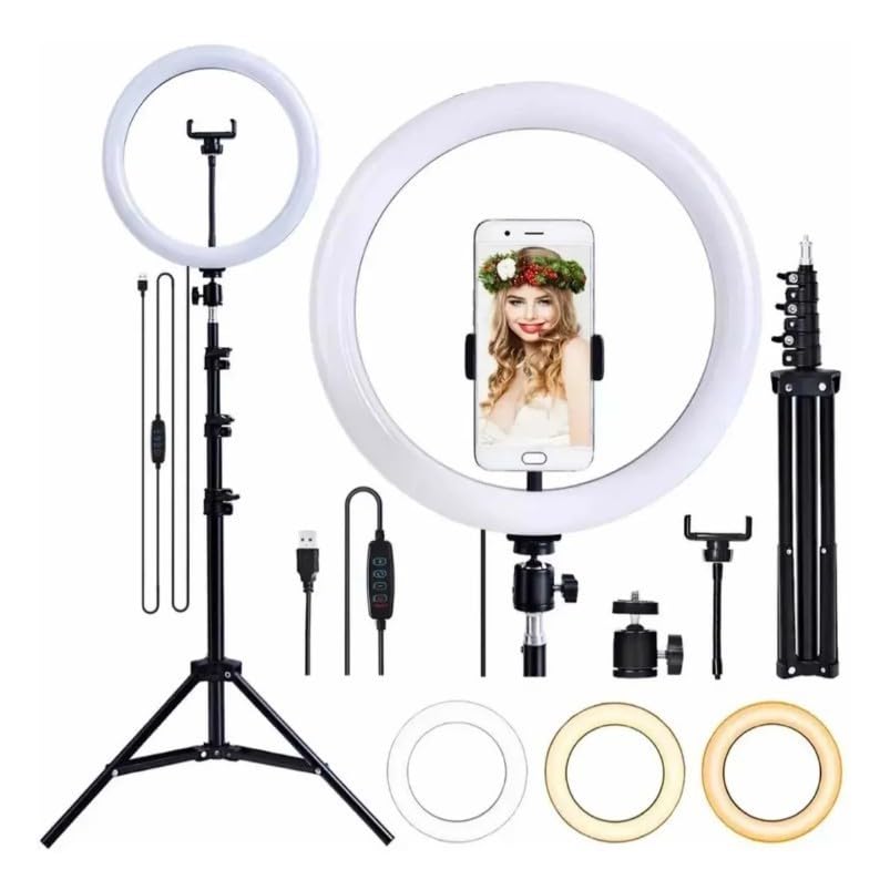 Ring Light 12” ou 14” com Tripé Ajustável 2m e Suporte para Celular – Iluminador LED para Vídeos, Fotos e Maquiagem (12P 30CM 2.1m)