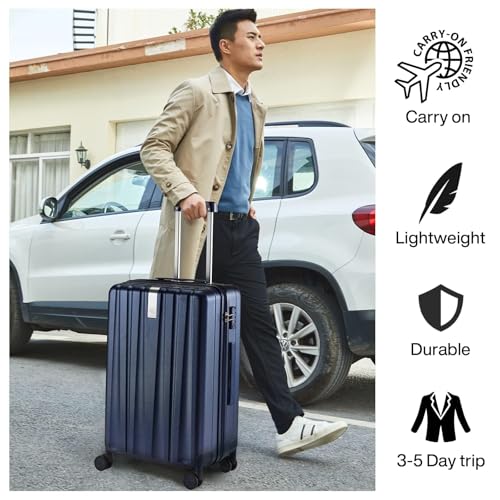 Image of Hanke 20 Inch Carry On Luggage 22x14x9 Airline Approved Lightweight PC Hard Shell Suitcases with Wheels Travel Luggage Rolling Suitcase Travel Luggage Bag for Weekender(Dark Blue)