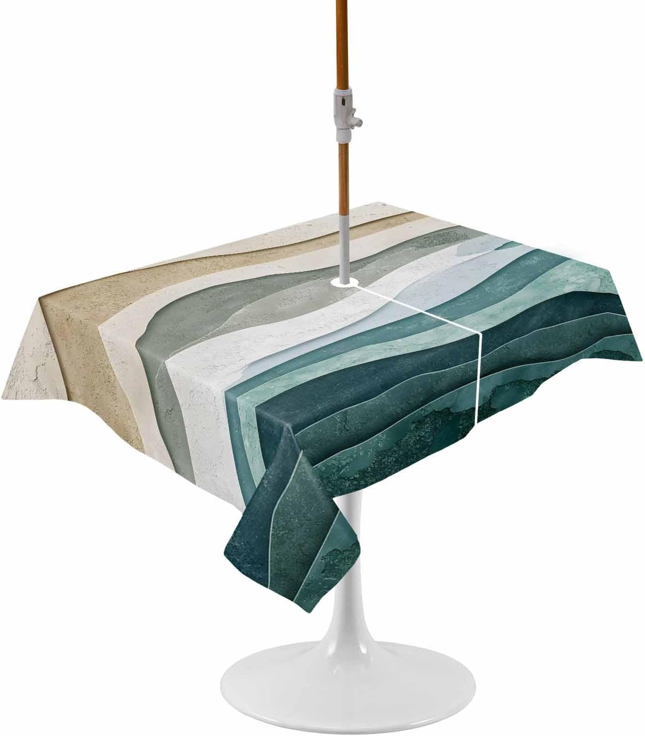 Modern Gradient Teal Khaki Stripe Outdoor Rectangle Tablecloth Zippered Table Cover with Umbrella Hole,Abstract Beach Sea Wave Waterproof Table Cloths for Patio Garden Picnic Tables,60x102in