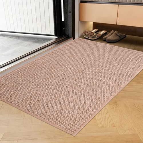 Indoor Door Mat 44x75CM - No Creases Entryway Rug Low-Profile Dirt Trapper Front Door Mat for Inside Entrance Non Slip Rubber Backing Inside Doormat for Entryway Easy Clean Washable (Khaki)
