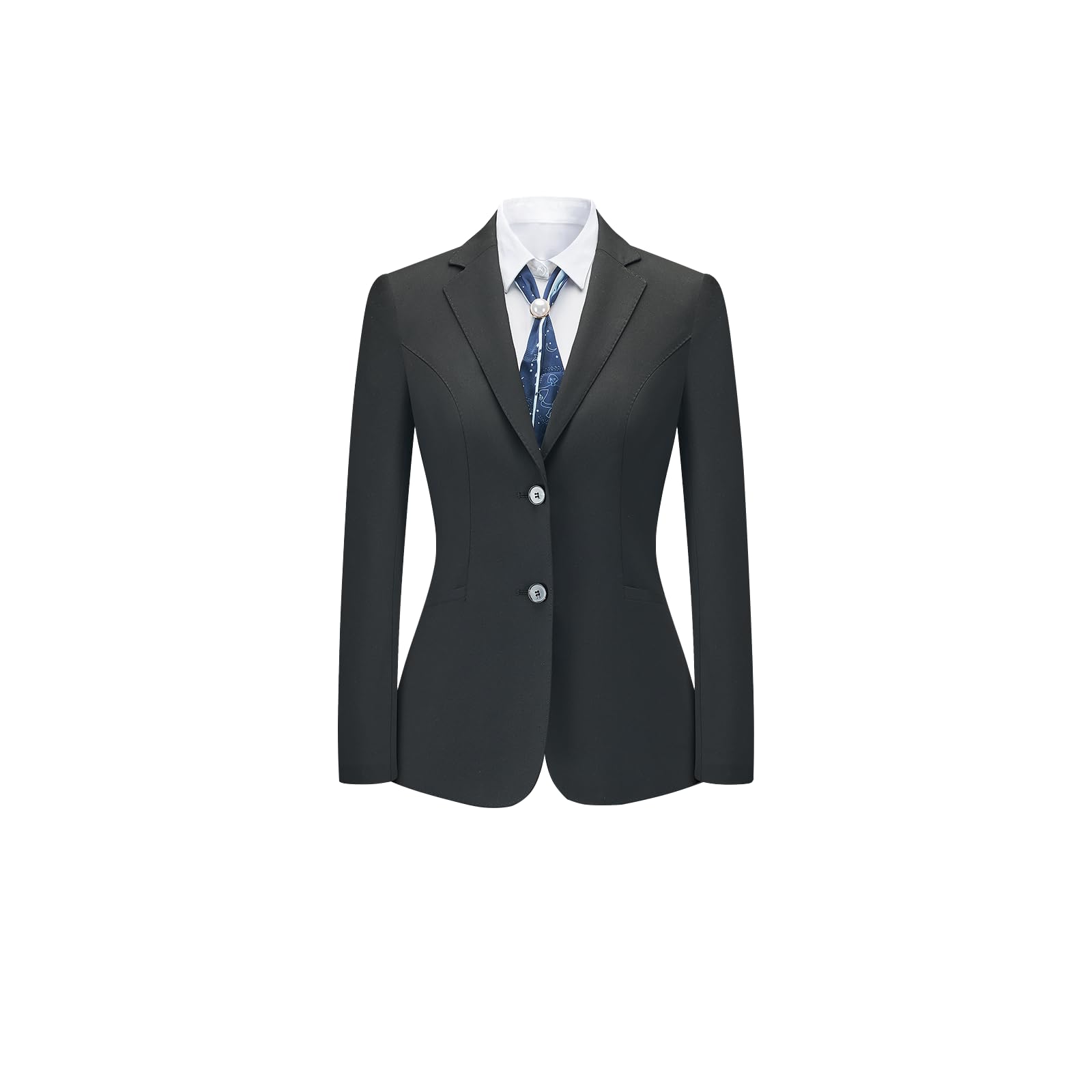 Professional Womens Two-Button Blazer Suit Set Black Polyester Blend with Viscose and Spandex Business Formal Wear