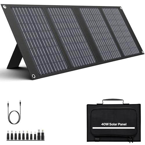 Apowking Portable Solar Panels 40W, Foldable Solar Panel Charger for 100-300W Portable Power Station, with Adjustable Kickstands, DC 18V Output, USB 3.0 and Type-C Ports for Camping Van RV Trip