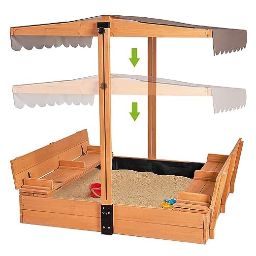 GUTINNEEN Kids Wooden Outdoor Sandbox w/ Canopy, 2 Foldable Bench Seats, Retractable Roof Sand Protection Liner 47x47-Inch