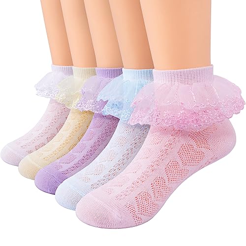 Looching Baby Girls Toddler Ruffle Socks Mesh Lace Trim Eyelet Frilly Princess Cotton Dress Crew Ankle Socks, 5 Pairs