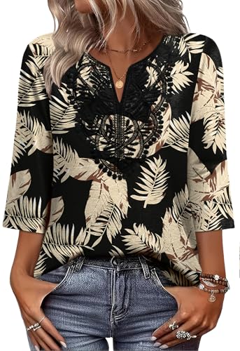 Image of WIHOLL 3 /4 Length Sleeve Womens Tops Boho V Neck Lace Shirt Trendy Blouses Dressy Casual Vacation Clothes S-3XL