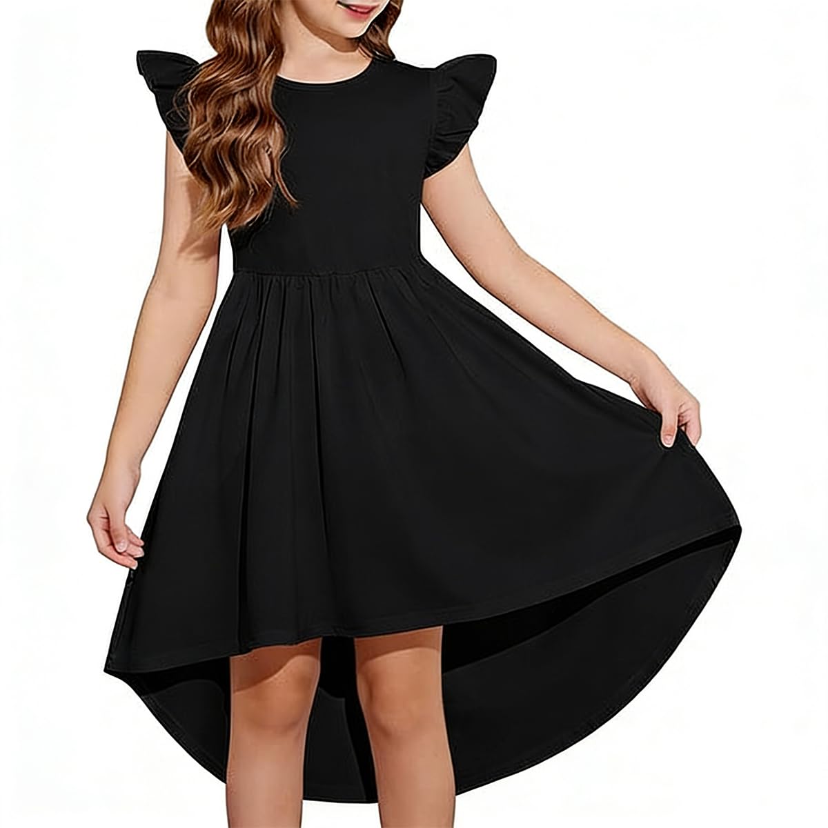 Vestido Niña Casual Corte A Dobladillo Asimétrico con Bolsillos Cuello Redondo Color Liso Elegante Vestidos para Fiesta — view 12