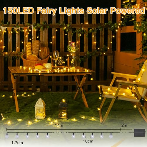 Ollny Solar Lights Outdoor Garden, 16m 150LEDs Fairy Lights Solar Powered Waterproof, Warm White Crystal Ball 8 Modes Globe String Lights for Outside Indoor Gazebo Wedding Tree Party Decorations - Image 3