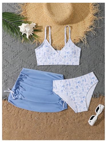 Image of WDIRARA Girl's Floral Print 3 Pieces Beach Bikini Swimsuit with Drawstring Ruched Skirt