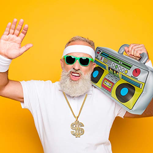 Kit de fantasia de hip hop dos anos 80/90 – Boombox de rádio inflável, chapéu de balde, óculos de so