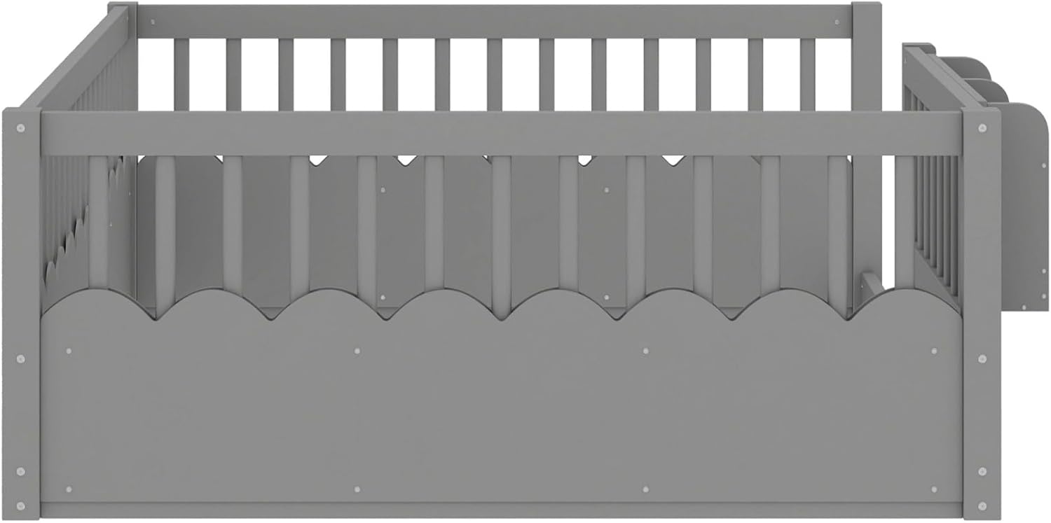 KEIKI Full Size Floor Bed Frame for Kids, Solid Wood Full Floor Day Bed with Heightened Safety Fence and Bookshelf, Montessori Kids Low Profile Bed Daybed for Bedroom, Easy Assembly, Gery