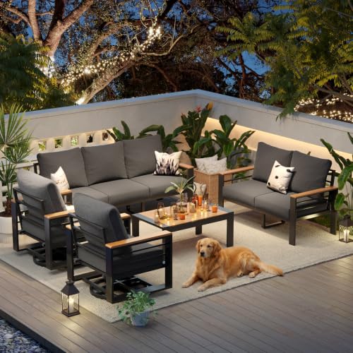 Image of Aoxun Aluminum Patio Furniture Set 7 Seats with Rocking Chair, Oversized Outdoor Sectional with Washable Thick Cushions, Coffee Table, Patio Conversation Sets for Porch, Balcony, Deck,Dark Gray