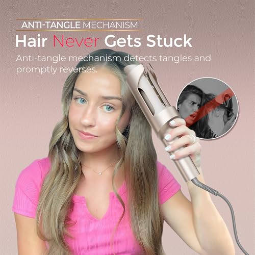 Image of TYMO CurlPro Plus Automatic Rotating Curling Iron - Upgraded Long Barrel Curling Wand for Long Hair, Ceramic Hair Curler for Women, Anti-Scald, Tangle-Free, 600M Ionic, Dual Voltage, Gold, 1 1 /2 Inch