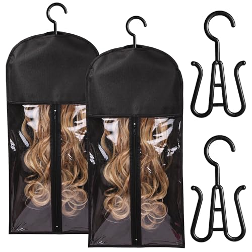 2 soportes para extensiones de cabello y organizador para pelucas, colgador y bolsa para múltiples pelucas (negro)