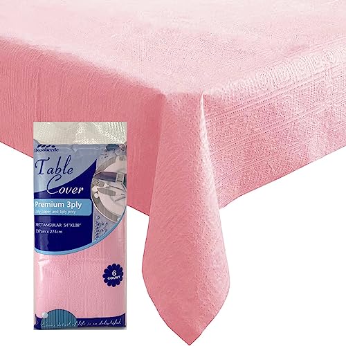 Dozobeede [6 Pack] Pink Paper Tablecloth Disposable for Rectangle Tables, 54 X 108 Inch Party Table Cover with Plastic Backing, Waterproof 3 Ply Table Cloth for Wedding Valentine's Day Parties