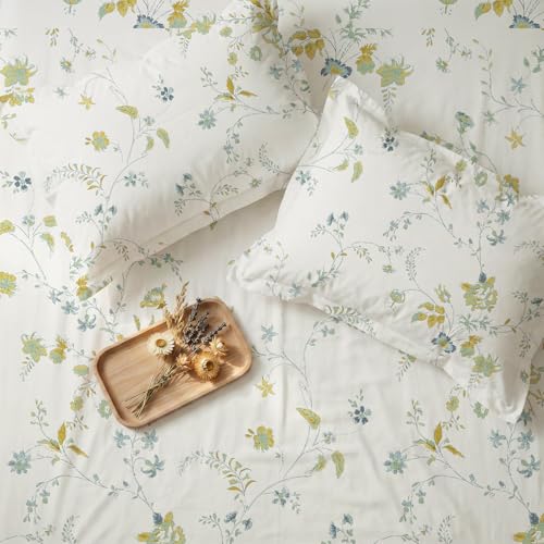 Image of Urban Space Serene 100% Cotton Bedsheet for Double Bed, Floral Queen Size Bed Sheet with 2 Pillow Covers (88 x 100 Inches, Bloom Pearls Sage Mustard)