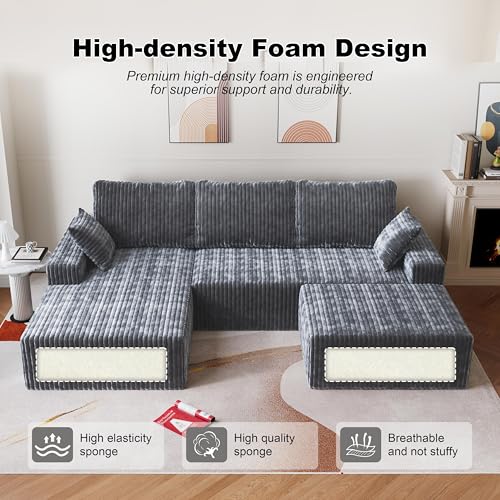 Image of Modular Sectional Sofa Couches L-Shape Couch 3 Seat Modular Sofa Memory Foam Sectional Couches for Living Room (Gray, 108 inch+Left Chaise + Ottoman)
