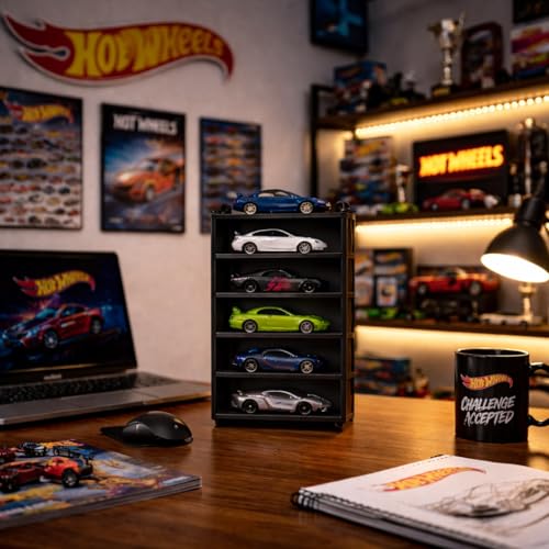 Image of 5-Car Display Rack - Premium Matte Black Tabletop Organizer with Tire Slots & Side Guards for 1:64 Scale Diecast Cars (Hot Wheels, Matchbox, Tomica,)(NO CAR INCLUDED)(Black)
