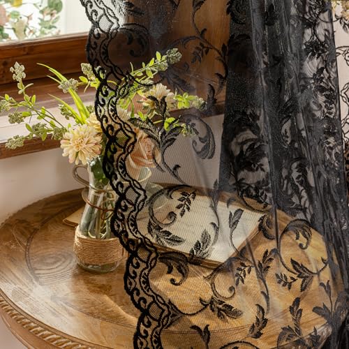 HushLoom Black Lace Curtains 84 Inches Long Victorian Gothic Floral Sheer Lace Curtains for Living Room Bedroom Elegant Rod Pocket Window Panels Set of 2 Panels (Black 52 W x 84 L)
