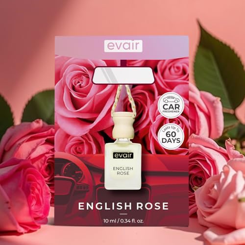 Image of Evair English Rose Car Air Freshener | Hanging Car Perfume | Premium Car Fresheners | Car Aroma with Essential Oils| Hanging Perfume for Car in Glass Bottle with Wooden Diffuser Lid (10ml, Pack of 1)
