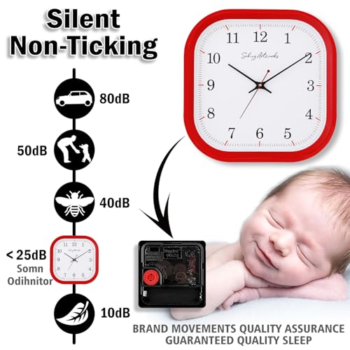 Image of Sehaz Artworks Silent Square Wall Clock for Hall | Red - 28x28 CM | Non Ticking, Designer Wall Clock for Bed Room Silent Sweep, Wall Watch for Living Room Stylish, Clock for Living Room Stylish