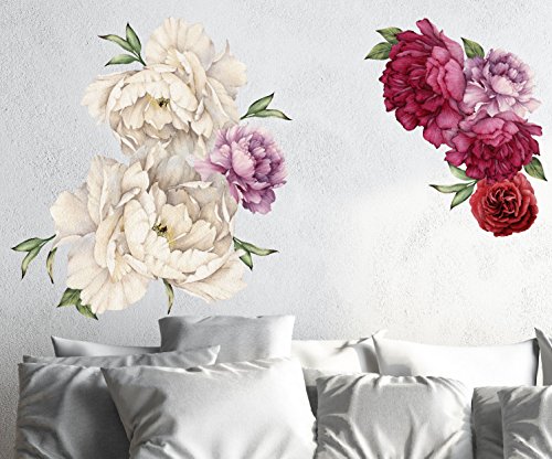 Innovative Stencils Peony Flowers Vintage Bouquet Wall Decal Sticker Peel and Stick Floral Art Decor Removable and Reusable #3033 (Small, White and Red - 7 Flowers)