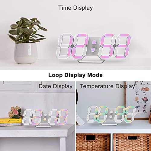 Deeyaple Led Digital Alarm Clock 3D Small Wall Clock No Noise Snooze Dimmable Time Memory 12/24 Date Temperature Remote Control Night Light Office Kitchen living Room Bedroom 25.2cm (Multi)