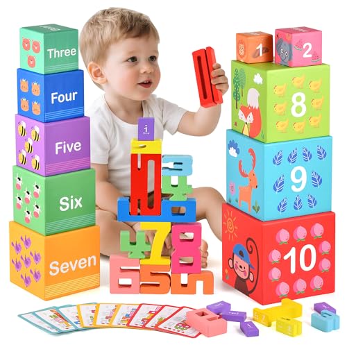 Image of Wooden Number Building Blocks & Stacking Toys for Toddlers 3+ Years Old, Digital Building Blocks, 1-10 Digital Blocks Toys, Balance Competition Toy, Educational Gift for Kids Boys and Girls