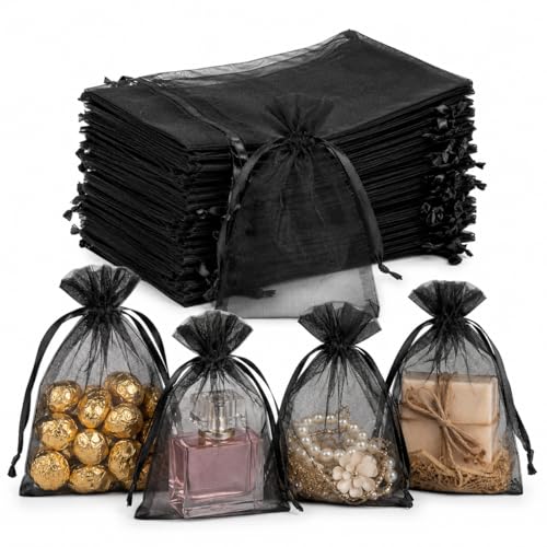 Image of Hopttreely 5x7 Black Organza Bags - Durable Mesh Drawstring Gift Bags with Sturdy Closure for Party Favors, Wedding, Jewelry, Easter, Halloween, Small Business Packaging, Sachet Bags