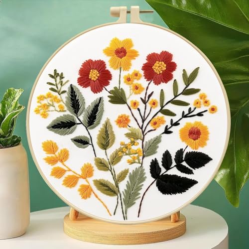 Image of Zhenqing Floral Embroidery Kit for Beginners, Wildflower Hand Embroidery Starter Kit with Pattern, Cotton Fabric, Embroidery Hoop, Threads, Needles and Tools, Flower Needlework Craft Decor (C0126)