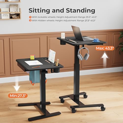 Image of Mobile Standing Desk with Drawer, 28 inch Rolling Desk with Cup Holder and Hooks, Portable Laptop Workstation on Wheels, Height Adjustable Cart with Storage for Home Office, Black