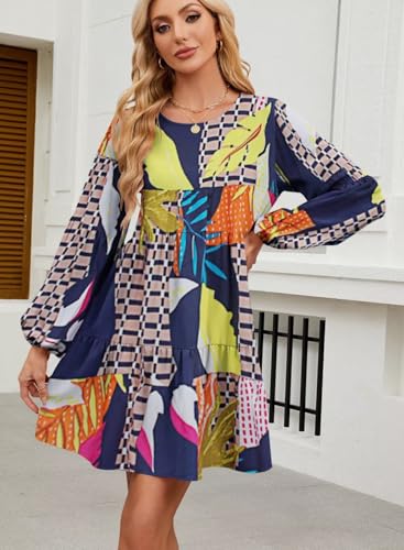 Image of QACOHU Falll Dresses for Women 2026 Crew Neck Long Lantern Sleeve Casual Loose Flowy Swing Shift Dress