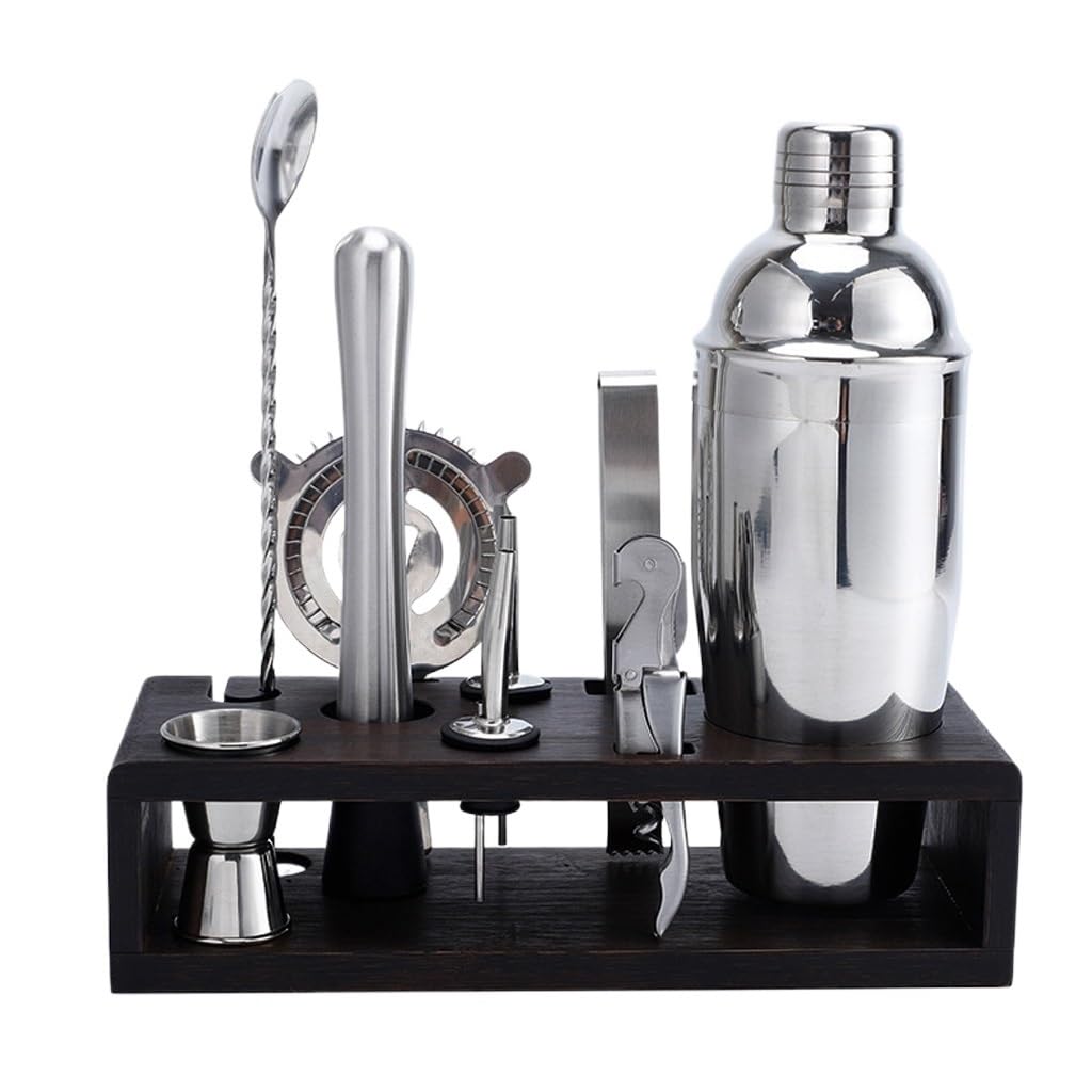 Shaker cocktail 750 ml en acier inoxydable avec son support en bois