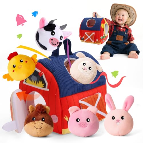 Image of Baby Toys 6-12 Months, Surprise Barn with Stuffed Farm Animals 6Pcs, Rattle, Crinkle, Mirror, Montessori Sensory Toys for 1-3 Year Old Boys Girls, Ideal Gifts for Babies Toddlers Birthday Christmas