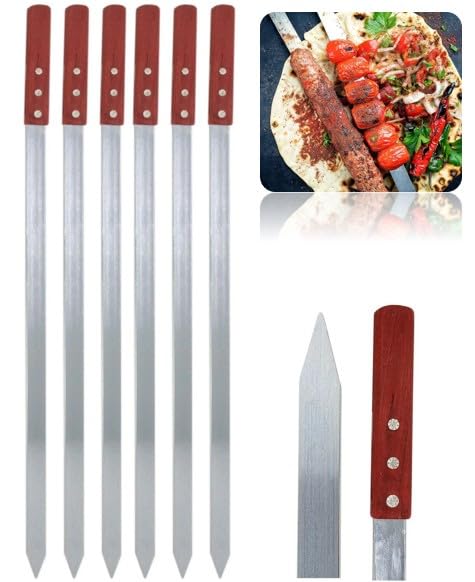 Long BBQ Skewers Set, Skewers with Wooden Handle, Stainless Steel Kebab Skewers for Kebab (24)