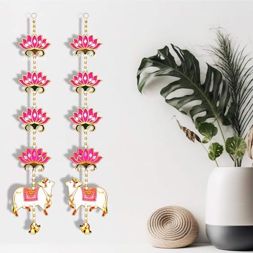 Image of CREYENTES Lotus with Pichwai Cow for Door Decoration (Pack of 2 Line), Handmade Mirror Work, Backdrop, Pooja Room, Diwali, Wedding,Temple, Mdf Material Beautiful and Eye-Catching.