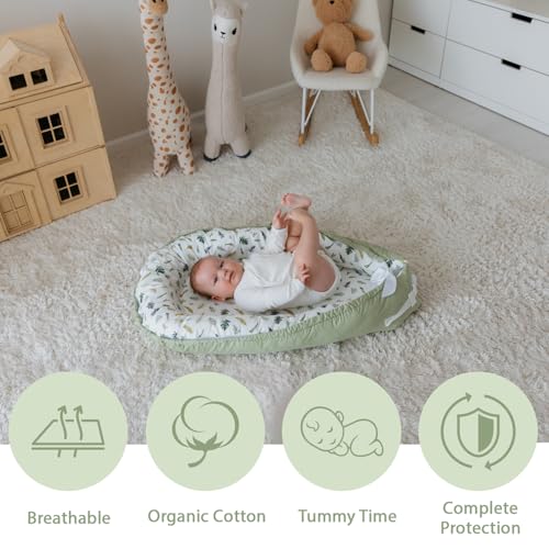 Image of Aila+Aiden Baby Lounger | Organic Cotton Infant Lounger | Reversible, Adjustable & Portable Floor Lounger |Supervised Use | Soft, Breathable, Washable Cover - Star Collection (Sage Leaf)