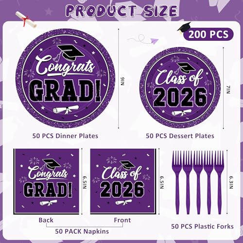 Image of Graduation Party Supplies Set for 50 Guests, Purple Graduation Plates and Napkins 2026, 200Pcs Disposable Grad Plates, Napkins, Dessert Plates and Forks for 2026 Wedding, Birthday, School Ceremony
