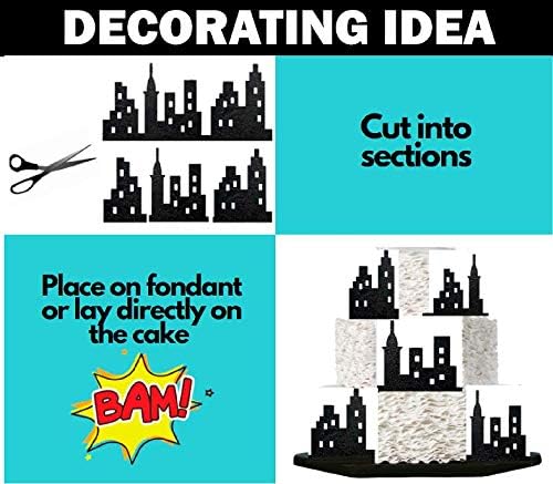 Miniatura 4 de CakeSupplyShop Decoración de borde de pastel con temática escénica (telón de fondo de ciudad iluminado de superhéroe)