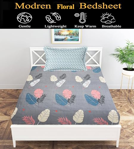 Image of IVAZA Ezyption Cotton Soft and Warm Mix N Match Bedsheet Set for Single Size Bed Soft Durable bedsheet with1 Pillow Cover Grey Leaf