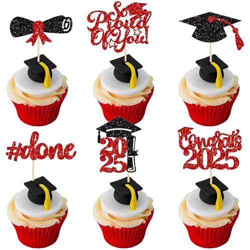 Gyufise 24Pcs 2025 Graduation Cupcake Toppers Glitter Congrats Class of 2025 Diploma Done Grad Cap So Proud of You Cupcake Picks So Proud of you Cake Decoratiosn Red