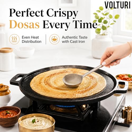 Image of VOLTURI Cast Iron Tawa for Roti and Dosa (30 CM), Dosa Tawa Naturally Non Stick Dosa Pan, Pre-Seasoned Tawa, Induction Friendly, Cast Iron, Cookware, No Chemical Coating 100% Pure & Toxin-Free