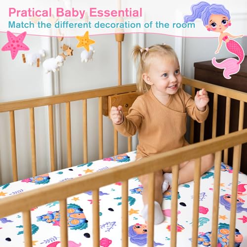 Image of JISEN Baby Crib Sheets - Soft Breathable Fitted Sheet for Standard Crib and Toddler Mattress, Baby Bed Sheets for Boys Girls Neutral, 52x28 Inch, White Mermaids