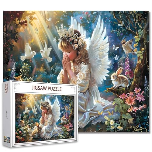 Tucocoo Puzzle de 1 000 pièces pour adultes et bébé fille - Ange priant dans la forêt - Défi d'activités familiales - Art animal - Puzzle à faire...