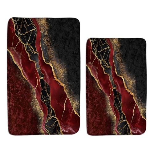 ZKJSMGS Red Marble Bath Mat Abstract Burgundy Maroon Marble Gold Veins Texture Crack Ink Luxury Geomerric Creative Bath Rugs for Bathroom Kitchen,17.8x29.5+16x48 Inch
