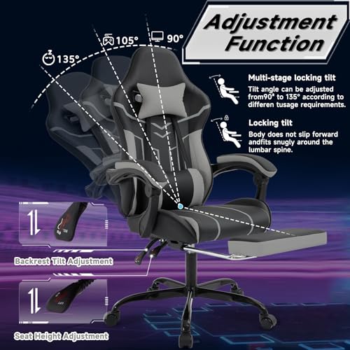 Image of Gaming Chair with Headrest and Lumbar Support, High Back Computer Office Desk Chair with Footrest, 360 Swivel Height Adjustable Recliner Game Chair (Gray Black)