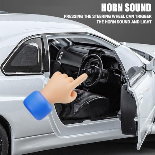 Image of 1:24 Scale Nissan Skyline GTR-R34 Diecast Models Alloy Diecast Toy Car Model Sound Light Pull Back Car Toy for Kids (White)