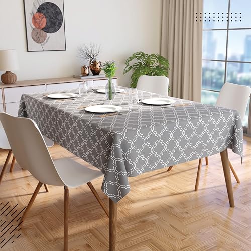 Image of Encasa Homes Cotton Printed Tablecloth of Length 56 inchx72 inch for 4 to 6 Seater Rectangular Dining Table. Machine Washable, Durable - Grey Tiles