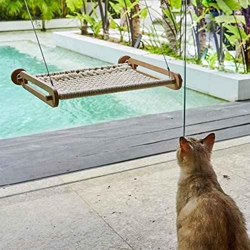 Marunaru Cat Bed Window Hammock For Indoors - Handmade Macrame Material For Comfort And Durability - Breathable Large Cat Window Perch Design - Includes Sturdy Suction Cups - Easy Assembly #TOP4